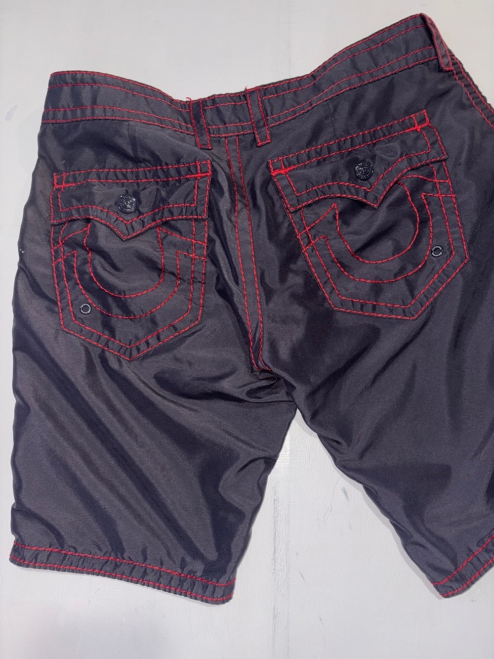 Men's Black TRUE RELIGION BOARD SHORTS with Red Stitching - GENTLY USED - Picture 4 of 5